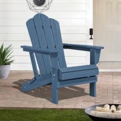 Navy Blue Folding HDPE Outdoor Patio Plastic Adirondack Chair With Ergonomic Design (1-Pack)