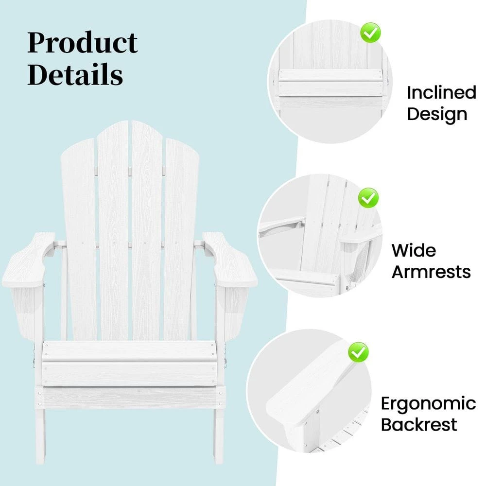 White Folding HDPE Outdoor Patio Plastic Adirondack Chair With Ergonomic Design (1-Pack) 3 White Folding HDPE Outdoor Patio Plastic Adirondack Chair With Ergonomic Design (1-Pack) - Image 3