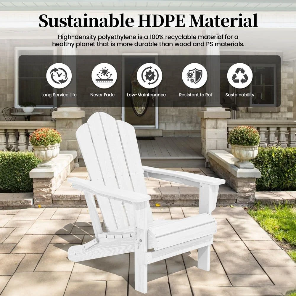 White Folding HDPE Outdoor Patio Plastic Adirondack Chair With Ergonomic Design (1-Pack) 2 White Folding HDPE Outdoor Patio Plastic Adirondack Chair With Ergonomic Design (1-Pack) - Image 2