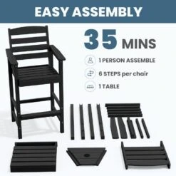 Black Modern HDPE Plastic Adirondack Chairs, Outdoor Bar Stools With Connecting Tray (Set Of 2) -More Furniture Store jearey plastic adirondack chairs jysrgby black 4f 1000