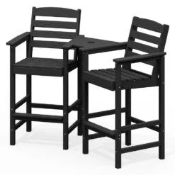 Black Modern HDPE Plastic Adirondack Chairs, Outdoor Bar Stools With Connecting Tray (Set Of 2)