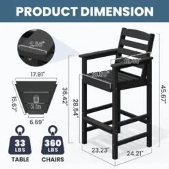 Black Modern HDPE Plastic Adirondack Chairs, Outdoor Bar Stools With Connecting Tray (Set Of 2) -More Furniture Store jearey plastic adirondack chairs jysrgby black c3 1000