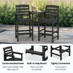 Black Modern HDPE Plastic Adirondack Chairs, Outdoor Bar Stools With Connecting Tray (Set Of 2) -More Furniture Store jearey plastic adirondack chairs jysrgby black fa 1000