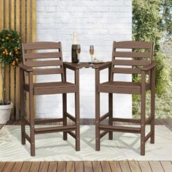 Brown Modern HDPE Plastic Adirondack Chairs, Outdoor Bar Stools With Connecting Tray (Set Of 2) -More Furniture Store jearey plastic adirondack chairs jysrgby brown 31 1000