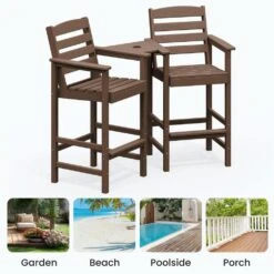 Brown Modern HDPE Plastic Adirondack Chairs, Outdoor Bar Stools With Connecting Tray (Set Of 2) -More Furniture Store jearey plastic adirondack chairs jysrgby brown 44 1000