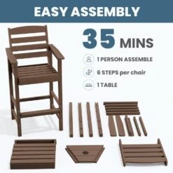 Brown Modern HDPE Plastic Adirondack Chairs, Outdoor Bar Stools With Connecting Tray (Set Of 2) -More Furniture Store jearey plastic adirondack chairs jysrgby brown 4f 1000