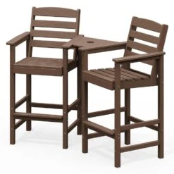 Brown Modern HDPE Plastic Adirondack Chairs, Outdoor Bar Stools With Connecting Tray (Set Of 2)