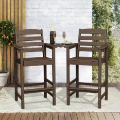 Coffee Brown Modern HDPE Plastic Adirondack Chairs, Outdoor Bar Stools With Connecting Tray (Set Of 2) -More Furniture Store jearey plastic adirondack chairs jysrgby coffee 31 1000