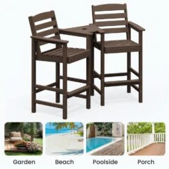 Coffee Brown Modern HDPE Plastic Adirondack Chairs, Outdoor Bar Stools With Connecting Tray (Set Of 2) -More Furniture Store jearey plastic adirondack chairs jysrgby coffee 44 1000