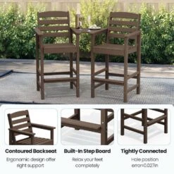 Coffee Brown Modern HDPE Plastic Adirondack Chairs, Outdoor Bar Stools With Connecting Tray (Set Of 2) -More Furniture Store jearey plastic adirondack chairs jysrgby coffee fa 1000