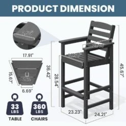 Gray Modern HDPE Plastic Adirondack Chairs, Outdoor Bar Stools With Connecting Tray (Set Of 2) -More Furniture Store jearey plastic adirondack chairs jysrgby gray c3 1000