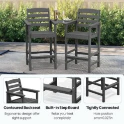 Gray Modern HDPE Plastic Adirondack Chairs, Outdoor Bar Stools With Connecting Tray (Set Of 2) -More Furniture Store jearey plastic adirondack chairs jysrgby gray fa 1000