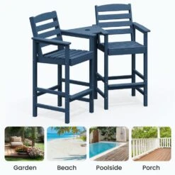 Navy Modern HDPE Plastic Adirondack Chairs, Outdoor Bar Stools With Connecting Tray (Set Of 2) -More Furniture Store jearey plastic adirondack chairs jysrgby navy 44 1000