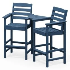 Navy Modern HDPE Plastic Adirondack Chairs, Outdoor Bar Stools With Connecting Tray (Set Of 2)