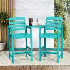 Tiffany Blue Modern HDPE Plastic Adirondack Chairs, Outdoor Bar Stools With Connecting Tray (Set Of 2) -More Furniture Store jearey plastic adirondack chairs jysrgby tfn 31 1000