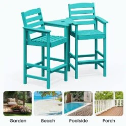 Tiffany Blue Modern HDPE Plastic Adirondack Chairs, Outdoor Bar Stools With Connecting Tray (Set Of 2) -More Furniture Store jearey plastic adirondack chairs jysrgby tfn 44 1000