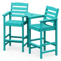 Tiffany Blue Modern HDPE Plastic Adirondack Chairs, Outdoor Bar Stools With Connecting Tray (Set Of 2)