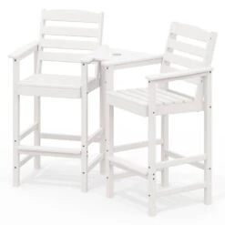 White Modern HDPE Plastic Adirondack Chairs, Outdoor Bar Stools With Connecting Tray (Set Of 2)