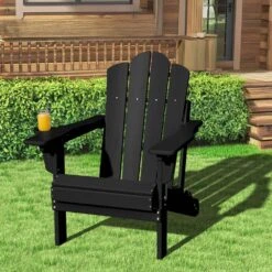1-Piece HDPE Folding Adjustable Adirondack Chair In Black