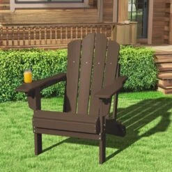1-Piece HDPE Folding Adjustable Adirondack Chair In Brown