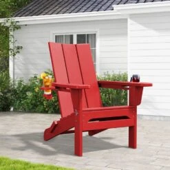 Classic Dark Red Folding Plastic Adirondack Chair With Double Cup Holder
