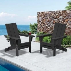 Classic Black Folding Plastic Adirondack Chair With Double Cup Holder -More Furniture Store jearey plastic adirondack chairs sbthqy black 31 1000