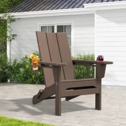 Classic Brown Folding Plastic Adirondack Chair With Double Cup Holder