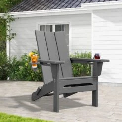 Classic Gray Folding Plastic Adirondack Chair With Double Cup Holder