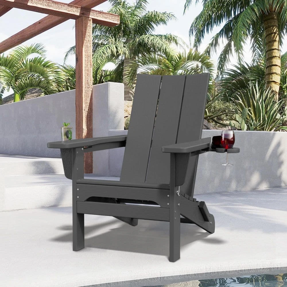 Classic Gray Folding Plastic Adirondack Chair With Double Cup Holder 3 Classic Gray Folding Plastic Adirondack Chair With Double Cup Holder - Image 3