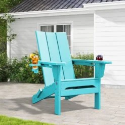 Classic Peacock Blue Folding Plastic Adirondack Chair With Double Cup Holder