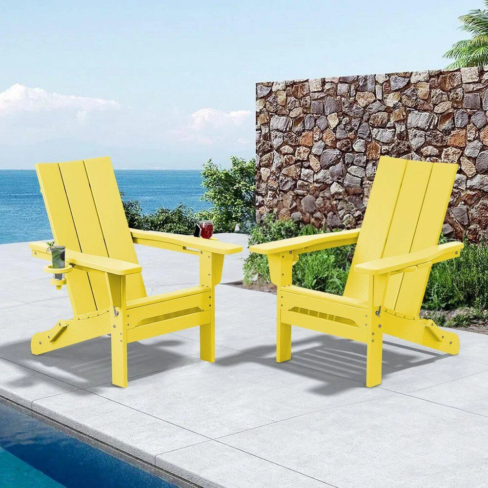 Classic Lemon Yellow Folding Plastic Adirondack Chair With Double Cup Holder 7 Classic Lemon Yellow Folding Plastic Adirondack Chair With Double Cup Holder - Image 7