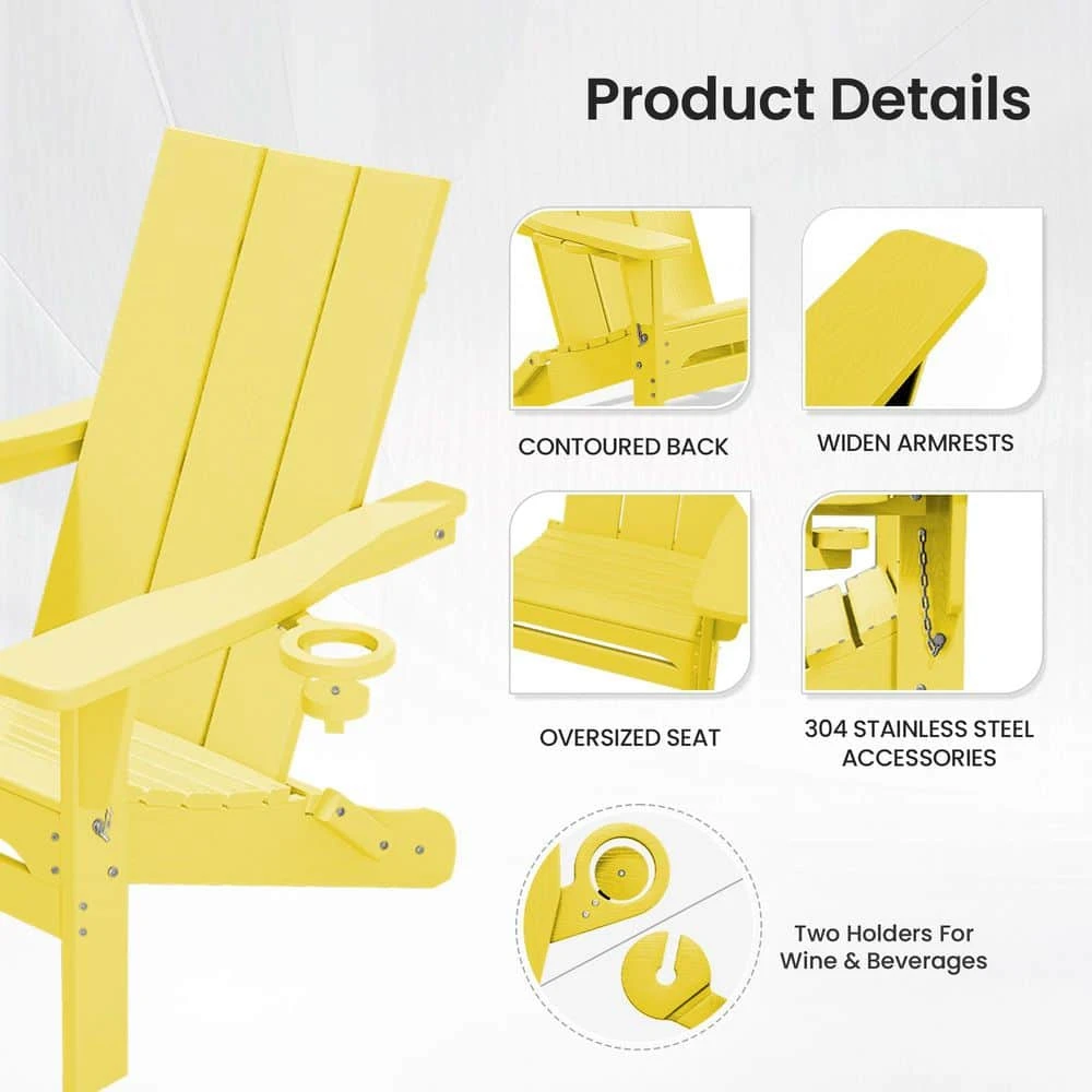 Classic Lemon Yellow Folding Plastic Adirondack Chair With Double Cup Holder 4 Classic Lemon Yellow Folding Plastic Adirondack Chair With Double Cup Holder - Image 4