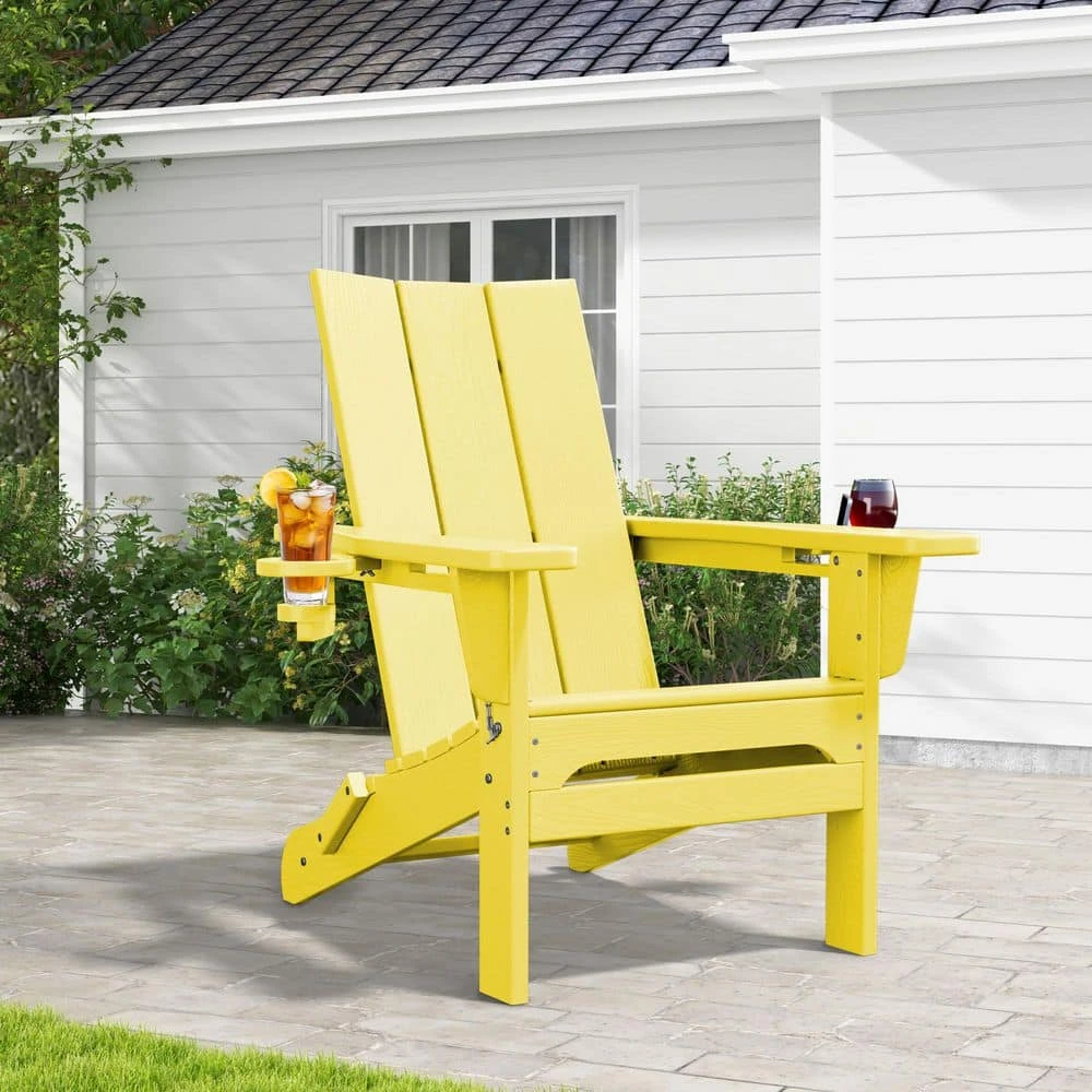 Classic Lemon Yellow Folding Plastic Adirondack Chair With Double Cup Holder 1 Classic Lemon Yellow Folding Plastic Adirondack Chair With Double Cup Holder