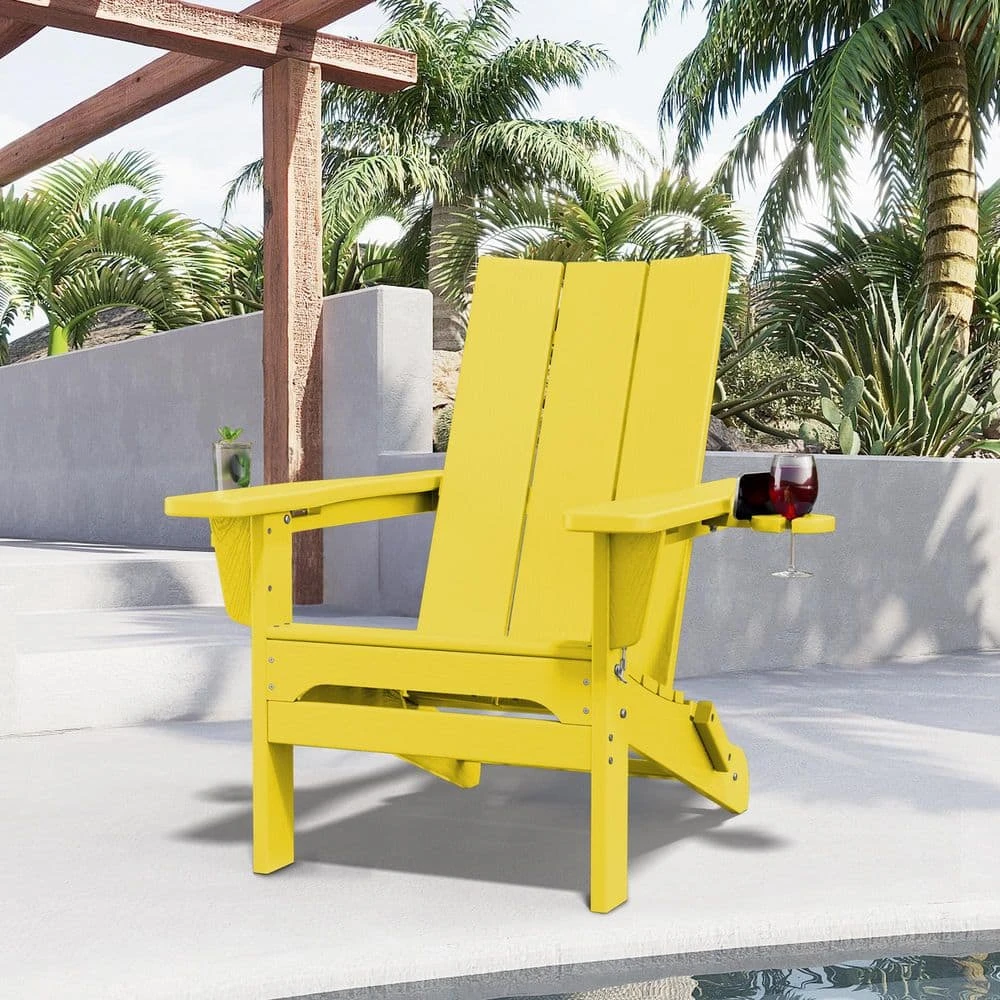 Classic Lemon Yellow Folding Plastic Adirondack Chair With Double Cup Holder 3 Classic Lemon Yellow Folding Plastic Adirondack Chair With Double Cup Holder - Image 3