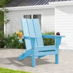 Classic Light Blue Folding Plastic Adirondack Chair With Double Cup Holder