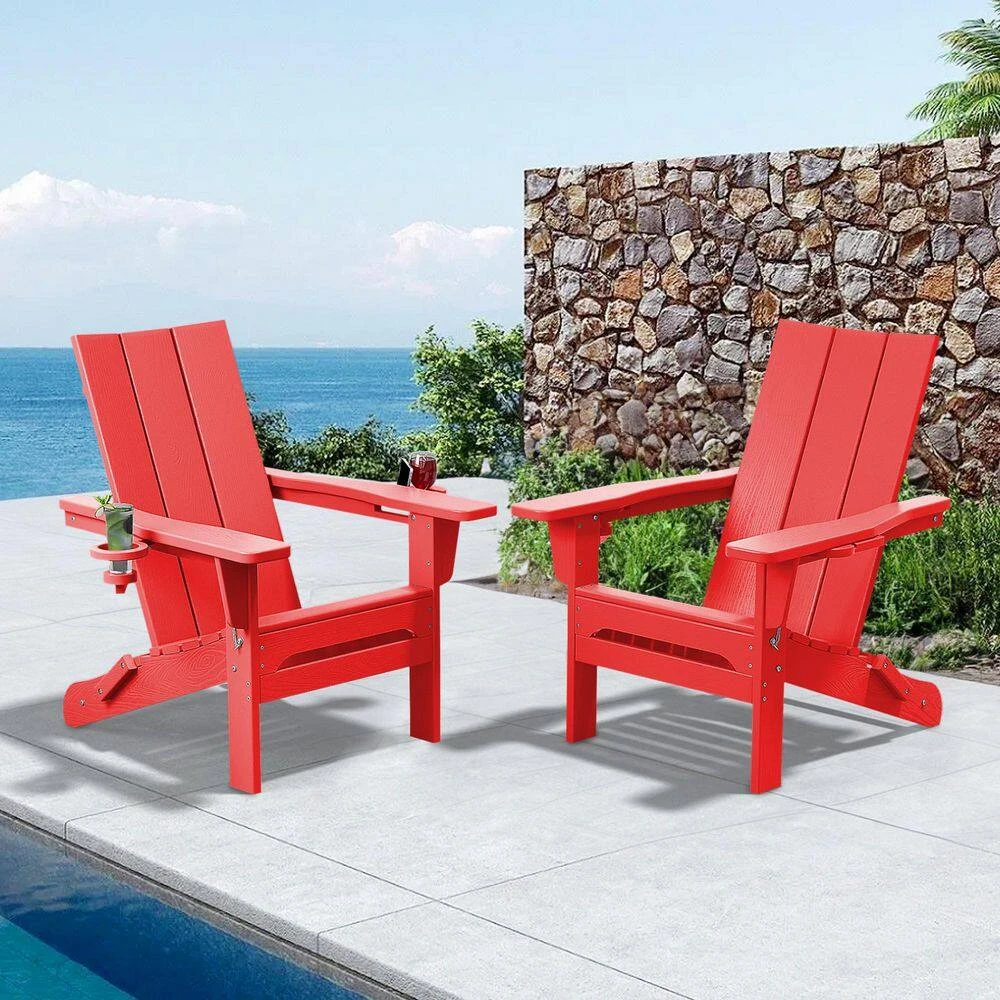 Classic Red Folding Plastic Adirondack Chair With Double Cup Holder 7 Classic Red Folding Plastic Adirondack Chair With Double Cup Holder - Image 7