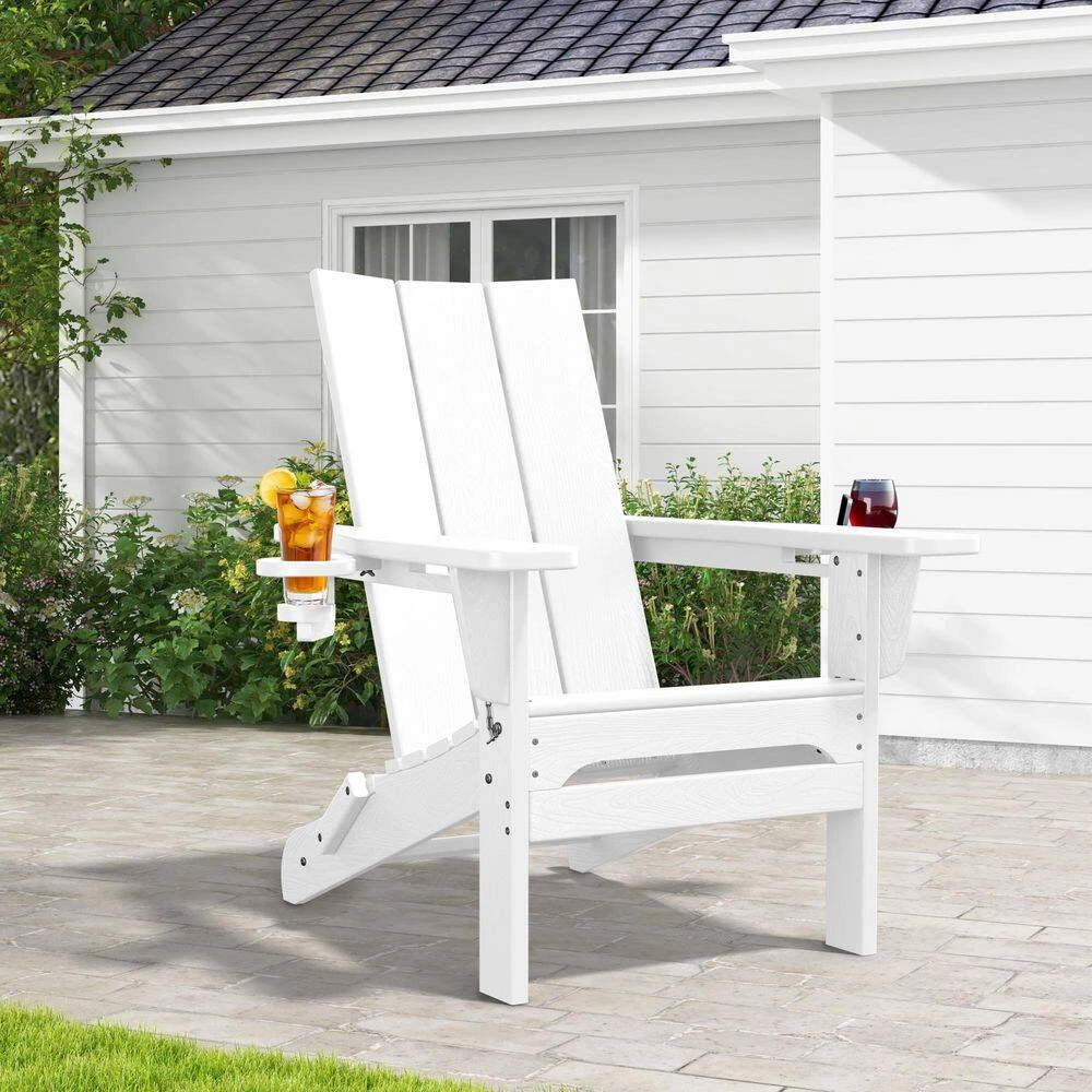 Classic White Folding Plastic Adirondack Chair With Double Cup Holder 1 Classic White Folding Plastic Adirondack Chair With Double Cup Holder
