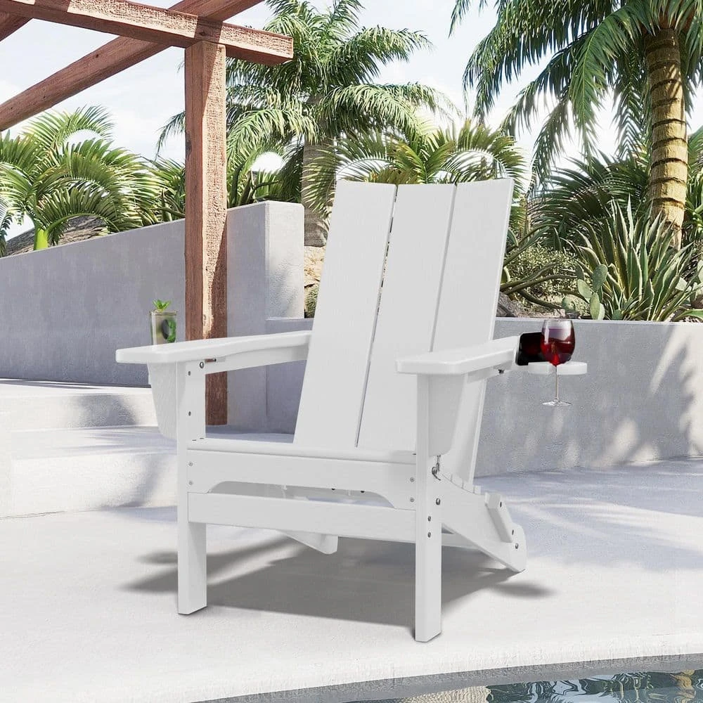Classic White Folding Plastic Adirondack Chair With Double Cup Holder 3 Classic White Folding Plastic Adirondack Chair With Double Cup Holder - Image 3