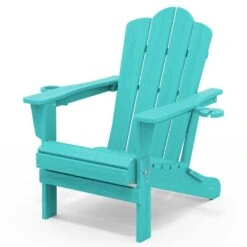Classic Outdoor HDPE Folding Plastic Adirondack Chair With 2 Cup Holders In Aruba Blue (Set Of 1)