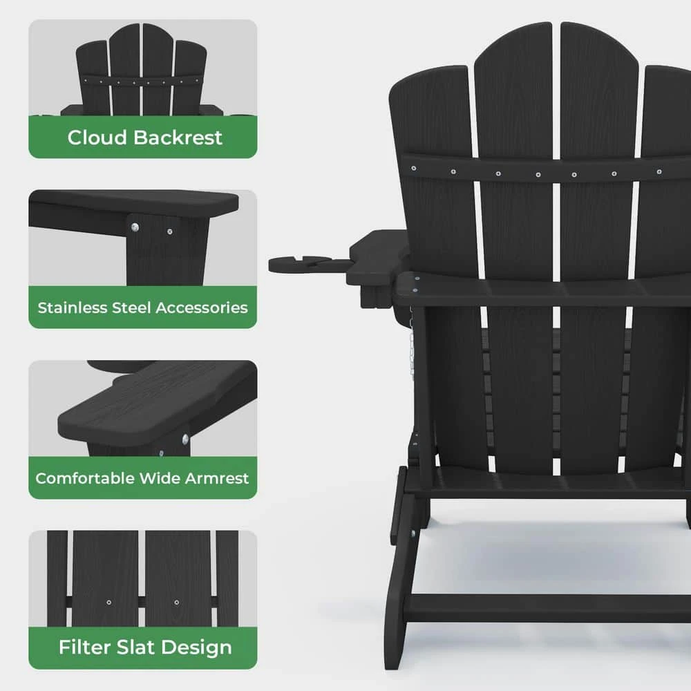 Classic Outdoor HDPE Folding Plastic Adirondack Chair With 2 Cup Holders In Black (Set Of 1) 5 Classic Outdoor HDPE Folding Plastic Adirondack Chair With 2 Cup Holders In Black (Set Of 1) - Image 5