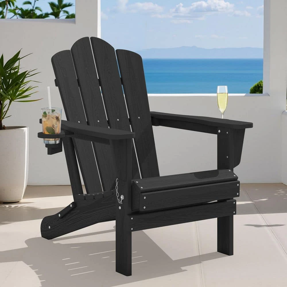 Classic Outdoor HDPE Folding Plastic Adirondack Chair With 2 Cup Holders In Black (Set Of 1) 2 Classic Outdoor HDPE Folding Plastic Adirondack Chair With 2 Cup Holders In Black (Set Of 1) - Image 2