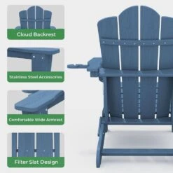 Classic Outdoor HDPE Folding Plastic Adirondack Chair With 2 Cup Holders In Navy (Set Of 1) -More Furniture Store jearey plastic adirondack chairs sbtydy navy 44 1000