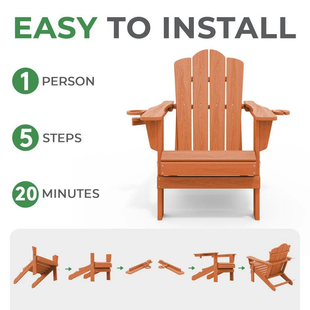 Classic Outdoor HDPE Folding Plastic Adirondack Chair With 2 Cup Holders In Orange (Set Of 1) 4 Classic Outdoor HDPE Folding Plastic Adirondack Chair With 2 Cup Holders In Orange (Set Of 1) - Image 4