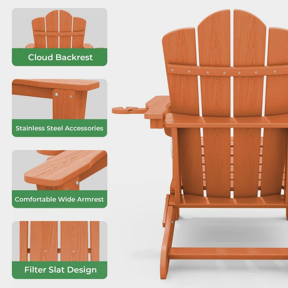 Classic Outdoor HDPE Folding Plastic Adirondack Chair With 2 Cup Holders In Orange (Set Of 1) 5 Classic Outdoor HDPE Folding Plastic Adirondack Chair With 2 Cup Holders In Orange (Set Of 1) - Image 5