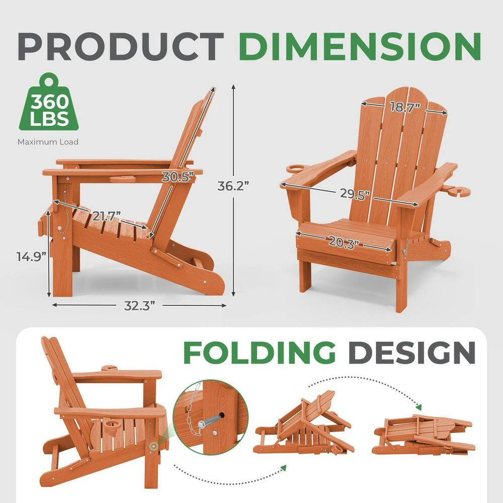 Classic Outdoor HDPE Folding Plastic Adirondack Chair With 2 Cup Holders In Orange (Set Of 1) 3 Classic Outdoor HDPE Folding Plastic Adirondack Chair With 2 Cup Holders In Orange (Set Of 1) - Image 3