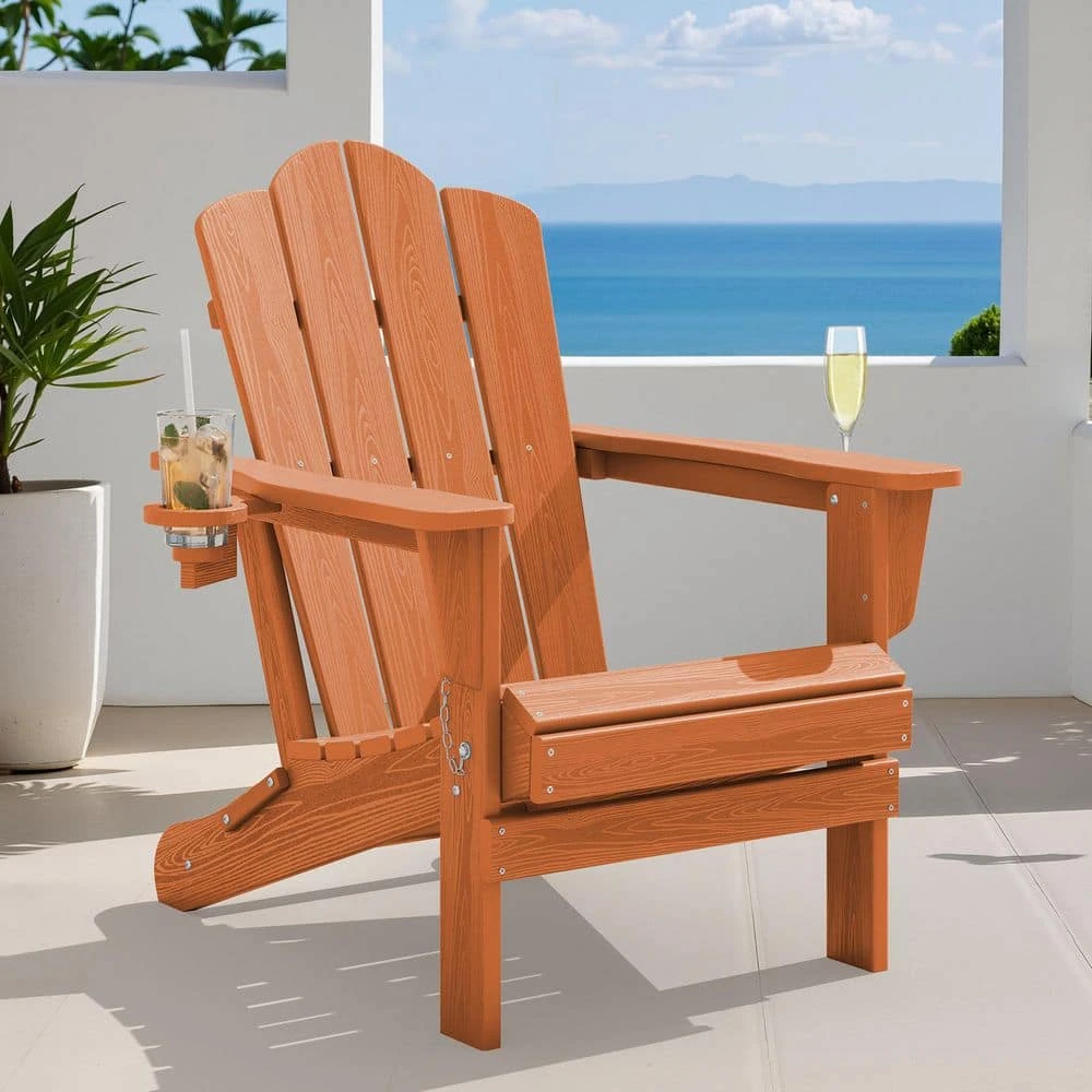 Classic Outdoor HDPE Folding Plastic Adirondack Chair With 2 Cup Holders In Orange (Set Of 1) 2 Classic Outdoor HDPE Folding Plastic Adirondack Chair With 2 Cup Holders In Orange (Set Of 1) - Image 2