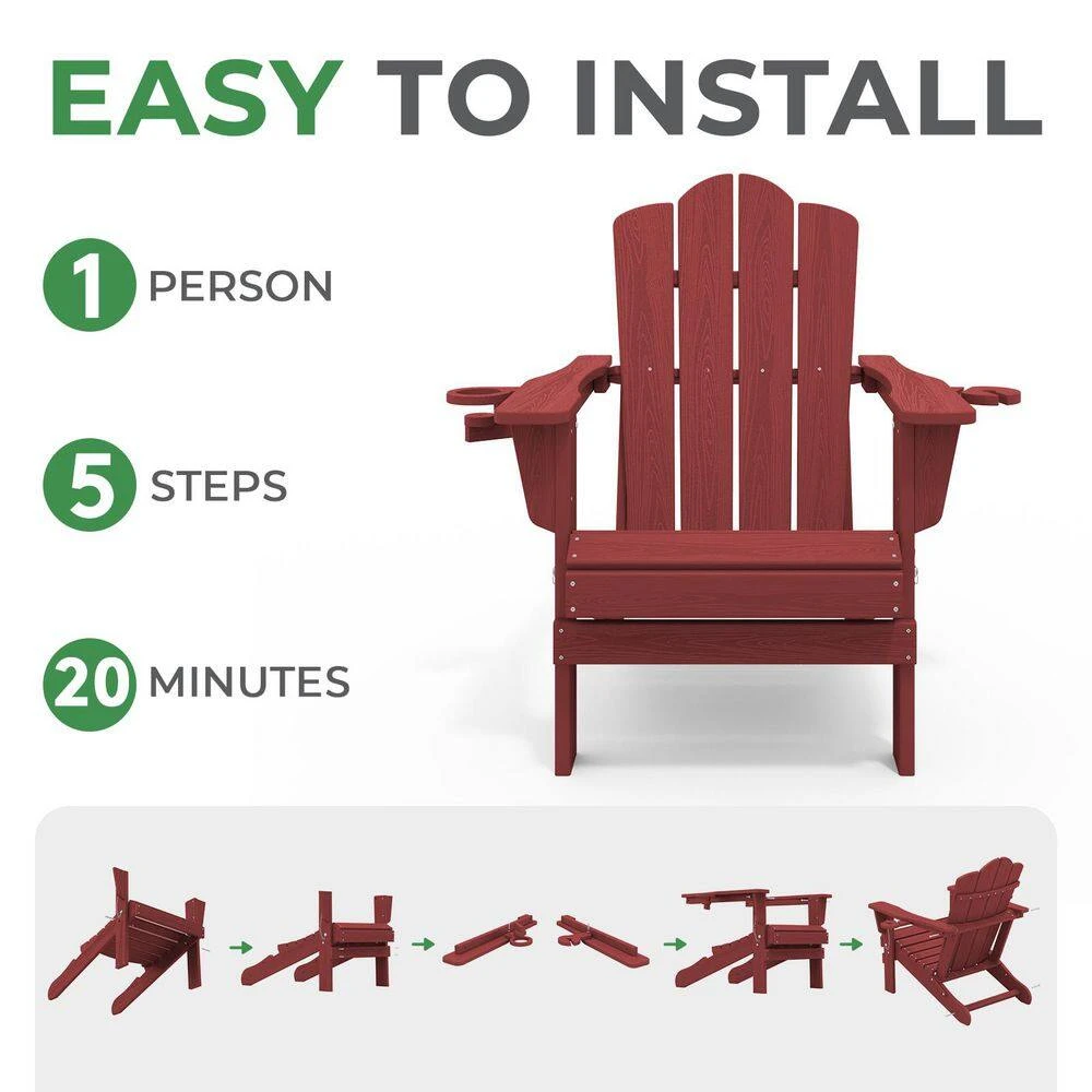 Classic Outdoor HDPE Folding Plastic Adirondack Chair With 2 Cup Holders In Dark Red (Set Of 1) 4 Classic Outdoor HDPE Folding Plastic Adirondack Chair With 2 Cup Holders In Dark Red (Set Of 1) - Image 4