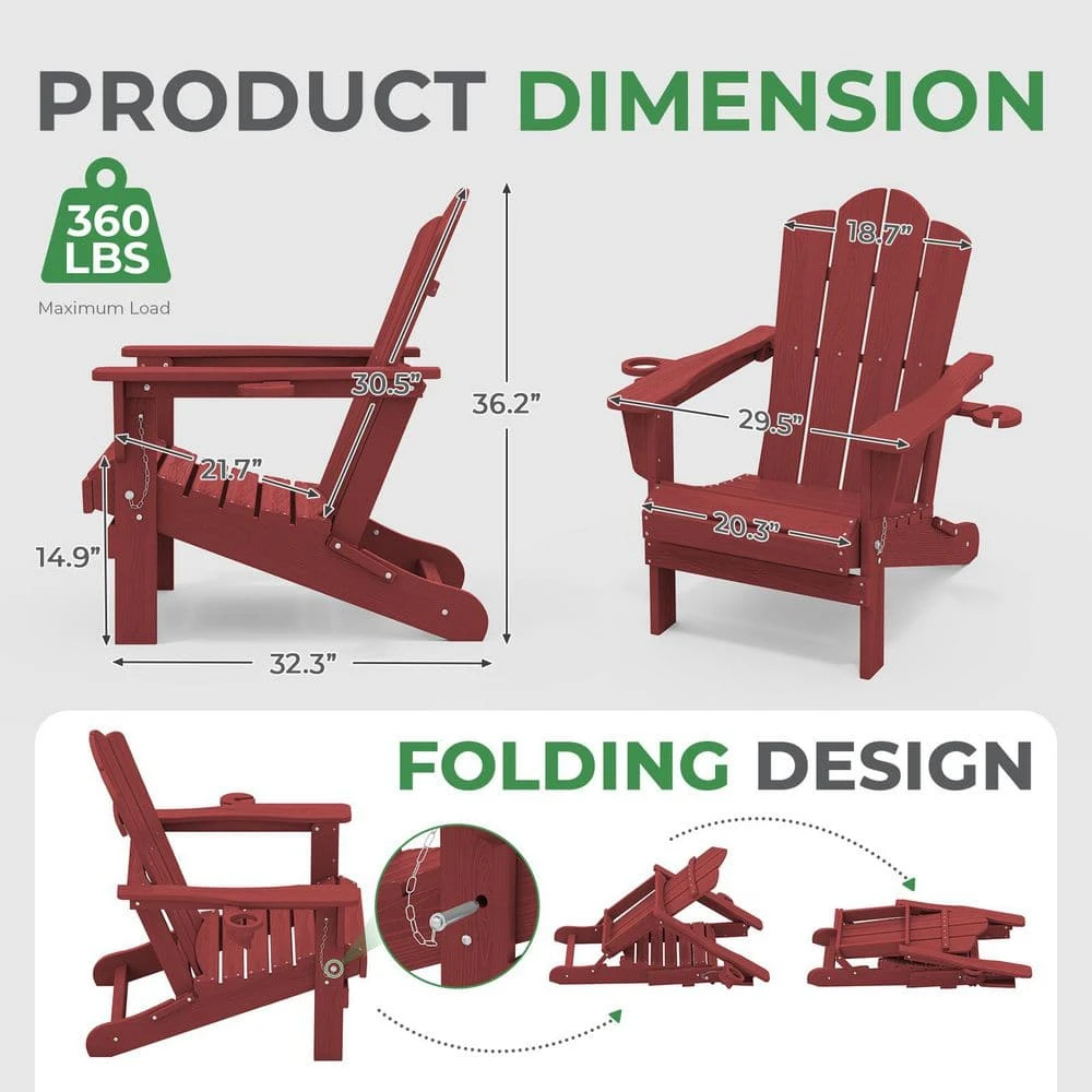 Classic Outdoor HDPE Folding Plastic Adirondack Chair With 2 Cup Holders In Dark Red (Set Of 1) 3 Classic Outdoor HDPE Folding Plastic Adirondack Chair With 2 Cup Holders In Dark Red (Set Of 1) - Image 3