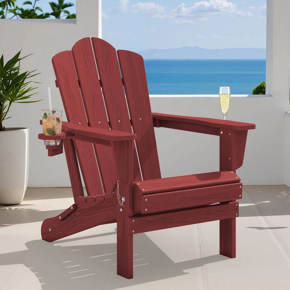 Classic Outdoor HDPE Folding Plastic Adirondack Chair With 2 Cup Holders In Dark Red (Set Of 1) 2 Classic Outdoor HDPE Folding Plastic Adirondack Chair With 2 Cup Holders In Dark Red (Set Of 1) - Image 2