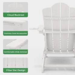 Classic Outdoor HDPE Folding Plastic Adirondack Chair With 2 Cup Holders In White (Set Of 1) -More Furniture Store jearey plastic adirondack chairs sbtydy white 44 1000